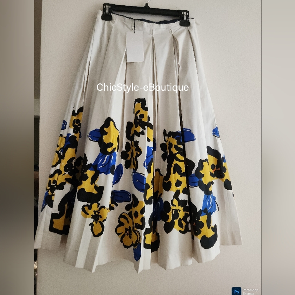 Zara Printed Pleated Midi Skirt Zw Collection Ecru/floral Blue Yellow BNWT - Picture 2 of 16